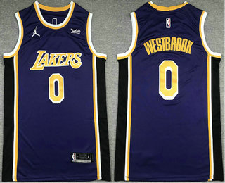 Men's Los Angeles Lakers #0 Russell Westbrook Purple 2021 Jordan Swingman Stitched NBA Jersey With Sponsor Logo