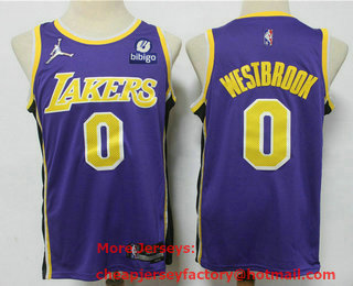 Men's Los Angeles Lakers #0 Russell Westbrook Purple Jordan 75th Anniversary Diamond 2021 Stitched Jersey With Sponsor