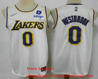 Men's Los Angeles Lakers #0 Russell Westbrook White 75th Anniversary Diamond 2021 Stitched Jersey With Sponsor