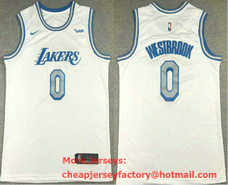 Men's Los Angeles Lakers #0 Russell Westbrook White NEW 2021 Nike City Edition Stitched Jersey With NEW Sponsor Logo