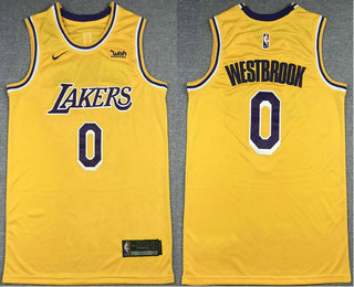 Men's Los Angeles Lakers #0 Russell Westbrook Yellow 2021 Nike Swingman Stitched NBA Jersey With Sponsor Logo
