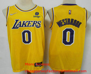 Men's Los Angeles Lakers #0 Russell Westbrook Yellow 75th Anniversary Diamond 2021 Stitched Jersey With Sponsor