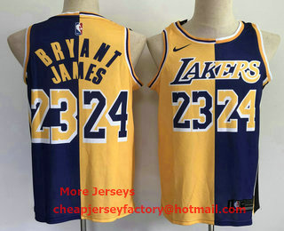 Men's Los Angeles Lakers #23 LeBron James #24 Kobe Bryant Yellow With Purple Two Tone Stitched Swingman Nike Jersey