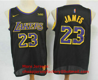 Men's Los Angeles Lakers #23 LeBron James Black Nike Swingman 2021 Earned Edition Stitched Jersey With NEW Sponsor Logo