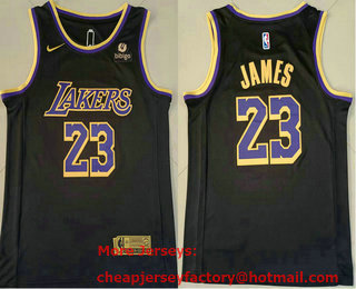 Men's Los Angeles Lakers #23 LeBron James Black Nike Swingman 2021 Earned Edition Stitched Jersey With NEW Sponsor Logo
