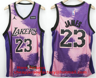 Men's Los Angeles Lakers #23 LeBron James Purple 2021 Brand Jordan Swingman Stitched NBA Fashion Jersey With NEW Sponsor Logo