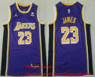 Men's Los Angeles Lakers #23 LeBron James Purple 2021 Jordan Swingman Stitched Jersey With NEW Sponsor