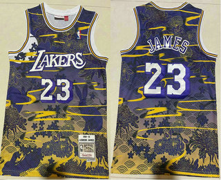 Men's Los Angeles Lakers #23 LeBron James Purple Yellow Rabbit Swingman Jersey