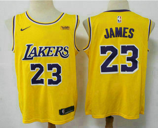 Men's Los Angeles Lakers #23 LeBron James Yellow 2021 Nike Swingman Stitched NBA Jersey With NEW Sponsor Logo