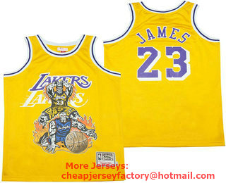 Men's Los Angeles Lakers #23 LeBron James Yellow Champions Hardwood Classics Skull Edition Jersey 02