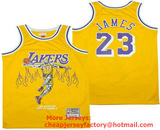 Men's Los Angeles Lakers #23 LeBron James Yellow Hardwood Classics Skull Edition Jersey 01