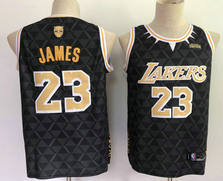 Men's Los Angeles Lakers #23 Lebron James Black With Black Panthers Swingman Nike Fashion Jersey