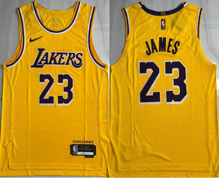 Men's Los Angeles Lakers #23 Lebron James Yellow Heat Press Jersey