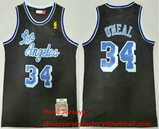 Men's Los Angeles Lakers #34 Shaquille ONeal Black With Blue 1996-97 Hardwood Classics Soul Swingman Throwback Jersey