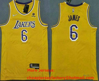 Men's Los Angeles Lakers #6 LeBron James 75th Anniversary Diamond Gold 2021 Stitched Jersey With NEW Sponsor Logo
