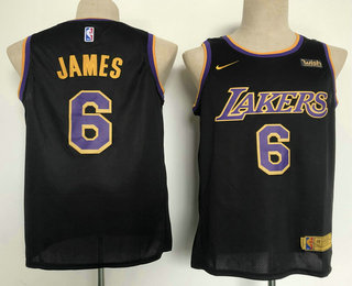 Men's Los Angeles Lakers #6 LeBron James Black Nike Swingman 2021 Earned Edition Stitched Jersey With NEW Sponsor Logo