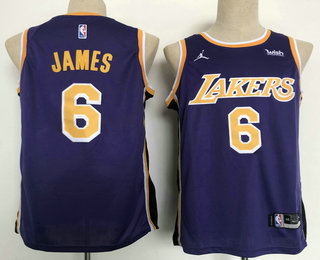 Men's Los Angeles Lakers #6 LeBron James Purple 2021 Brand Jordan Swingman Stitched NBA Jersey With NEW Sponsor Logo