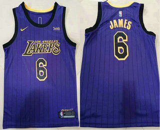 Men's Los Angeles Lakers #6 LeBron James Purple 2021 Nike City Edition Swingman Stitched Jersey With Sponsor Logo