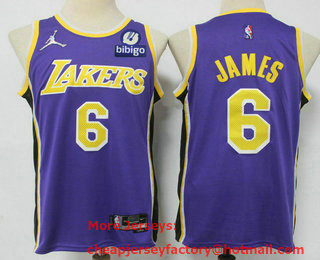 Men's Los Angeles Lakers #6 LeBron James Purple Jordan 75th Anniversary Diamond 2021 Stitched Jersey With Sponsor