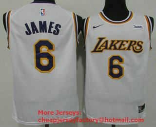 Men's Los Angeles Lakers #6 LeBron James White 2021 Nike Swingman Stitched NBA Jersey With NEW Sponsor Logo