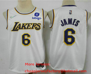 Men's Los Angeles Lakers #6 LeBron James White 75th Anniversary Diamond 2021 Stitched Jersey With Sponsor