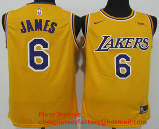 Men's Los Angeles Lakers #6 LeBron James Yellow 2021 Nike Swingman Stitched NBA Jersey With NEW Sponsor Logo