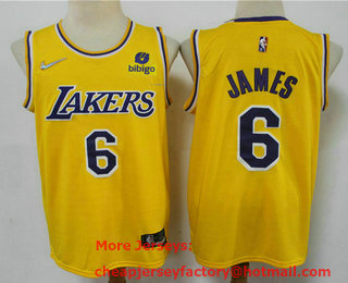 Men's Los Angeles Lakers #6 LeBron James Yellow 75th Anniversary Diamond 2021 Stitched Jersey With Sponsor