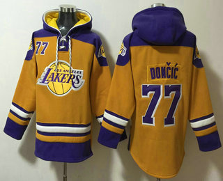 Men's Los Angeles Lakers #77 Luka Doncic Yellow Ageless Must Have Lace Up Pullover Hoodie