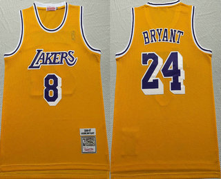Men's Los Angeles Lakers #8 #24 Kobe Bryant Yellow 1996-97 Hardwood Classics Soul Swingman Throwback Jersey