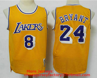 Men's Los Angeles Lakers #8 #24 Kobe Bryant Yellow 2020 Hardwood Classics Soul Swingman Throwback Jersey