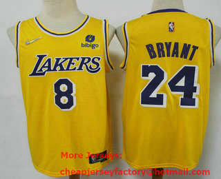 Men's Los Angeles Lakers #8 #24 Kobe Bryant Yellow 75th Anniversary Diamond 2021 Stitched Jersey With Sponsor