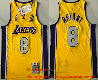 Men's Los Angeles Lakers #8 Kobe Bryant Yellow Champion Patch 2001-02 Hardwood Classics Soul AU Throwback Jersey