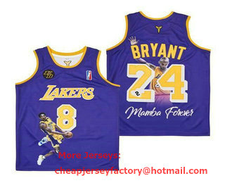 Men's Los Angeles Lakers Front #8 Back #24 Kobe Bryant Purple With KB Patch Fashion Jersey