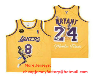 Men's Los Angeles Lakers Front #8 Back #24 Kobe Bryant Yellow With KB Patch Fashion Jersey