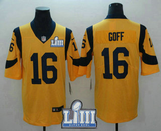 Men's Los Angeles Rams #16 Jared Goff Gold 2019 Super Bowl LIII Patch Color Rush Stitched NFL Nike Limited Jersey