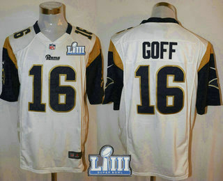 Men's Los Angeles Rams #16 Jared Goff White 2019 Super Bowl LIII Patch Road NFL Nike Game Jersey