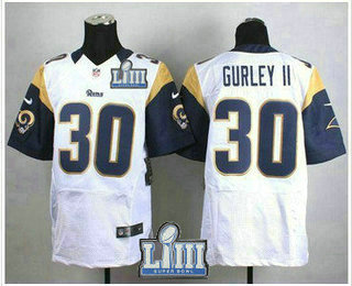 Men's Los Angeles Rams #30 Todd Gurley II White 2019 Super Bowl LIII Patch Road NFL Nike Elite Jersey