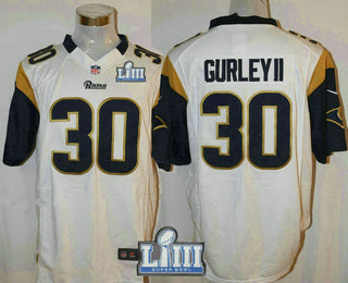 Men's Los Angeles Rams #30 Todd Gurley II White 2019 Super Bowl LIII Patch Road NFL Nike Game Jersey