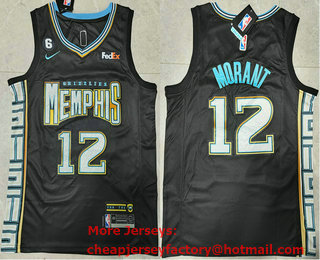 Men's Memphis Grizzlies #12 Ja Morant 2022 Black City Edition With 6 Patch Stitched Jersey With Sponsor