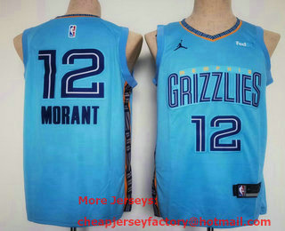 Men's Memphis Grizzlies #12 Ja Morant Light Blue 2022 Statement Icon Swingman Jersey With Sponsor