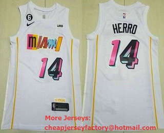 Men's Miami Heat #14 Tyler Herro White 2022 City 6 Patch Icon Sponsor Swingman Jersey