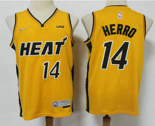 Men's Miami Heat #14 Tyler Herro Yellow Nike Swingman 2021 Earned Edition Stitched Jersey With NEW Sponsor Logo
