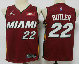Men's Miami Heat #22 Jimmy Butler Red Jordan 75th Anniversary Diamond 2021 Stitched Jersey With Sponsor