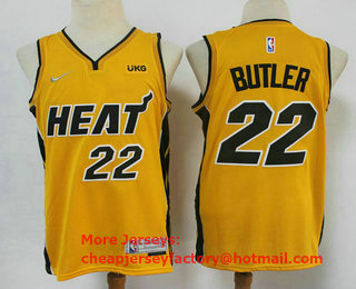 Men's Miami Heat #22 Jimmy Butler Yellow Nike Swingman 2021 Earned Edition Stitched Jersey With NEW Sponsor Logo