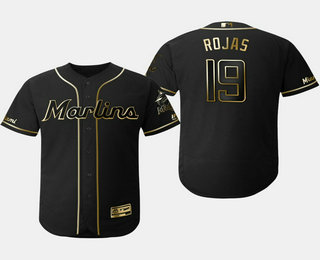 Men's Miami Marlins #19 Miguel Rojas Black Gold Stitched MLB Flex Base Jersey