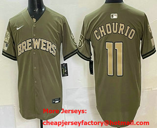 Men's Milwaukee Brewers #11 Jackson Chourio Olive 2026 Armed Forces Day Jersey
