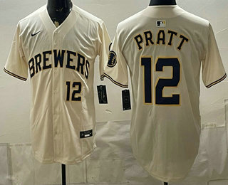 Men's Milwaukee Brewers #12 Cooper Pratt Cream Stitched Jersey