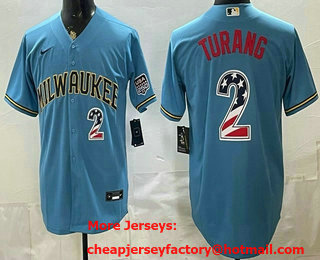 Men's Milwaukee Brewers #2 Brice Turang Blue 2026 USA 250 Fourth of July Home Stadium Stitched Jersey