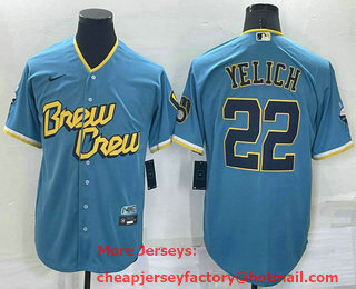Men's Milwaukee Brewers #22 Christian Yelich Blue 2022 City Connect Cool Base Stitched Jersey