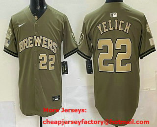 Men's Milwaukee Brewers #22 Christian Yelich Olive 2026 Armed Forces Day Jersey
